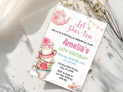 Editable Tea Party Birthday Invitation Template, Pink Floral Invite (Digital Download)