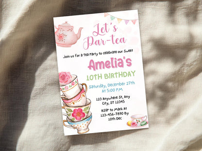Editable Tea Party Birthday Invitation Template, Pink Floral Invite (Digital Download)