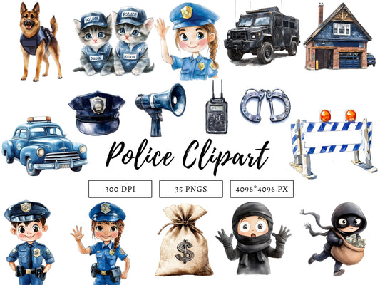 Watercolor Police Clipart png Bundle, Police Clipart, Cute Police Clipart, Police Station Clipart, Police Car Clipart, Police Officer png
