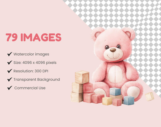 Pink Teddy Bear Clipart Bundle, Nursery Graphics (PNG)