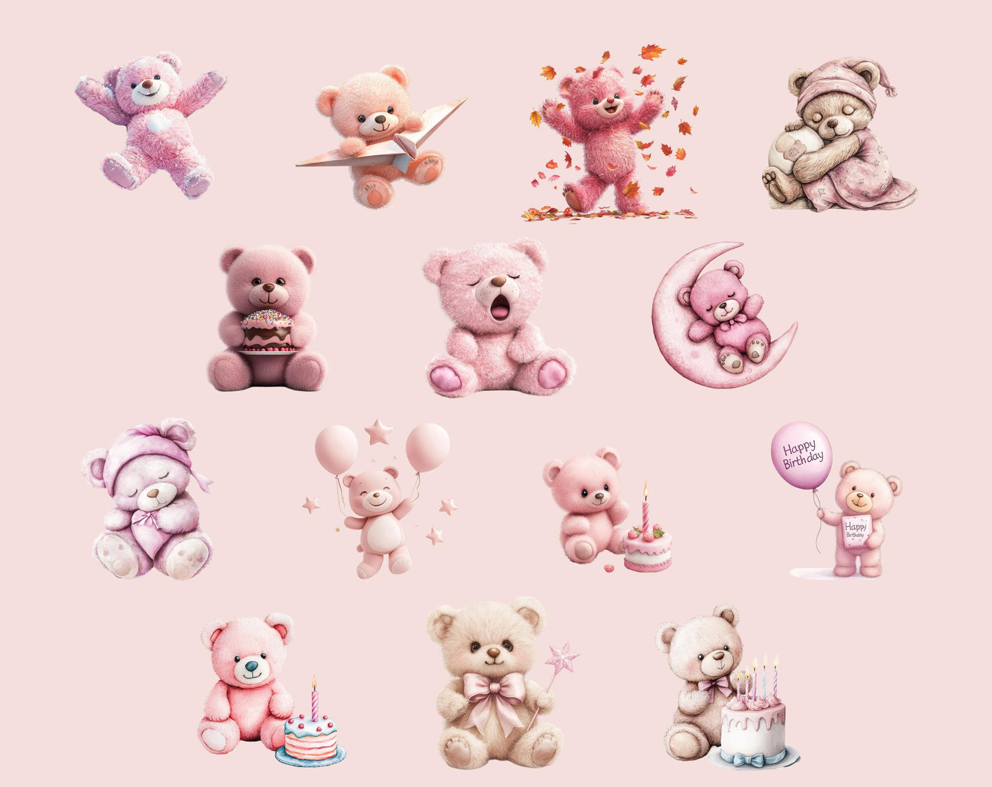 Ensemble d'images clipart d'ours en peluche rose, graphismes pour chambre d'enfant (PNG)