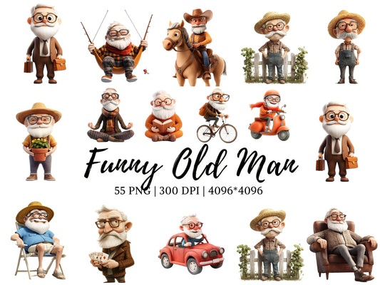 Funny Old Man Clipart png Bundle, Quirky Old Man Clipart, Funny Grandpa Clipart png, Watercolor Dancing Old Man Clipart, Digital Download