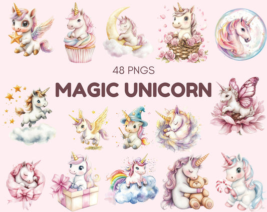 Watercolor Unicorn Clipart Bundle, Rainbow Unicorn PNG (Digital Download)