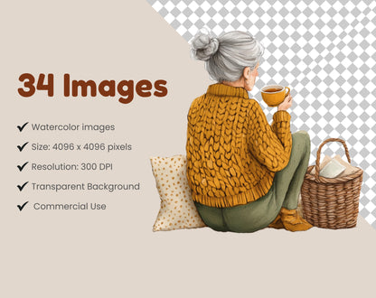 Watercolor Senior Lady Clipart, Cozy Tea Coffee PNG Bundle