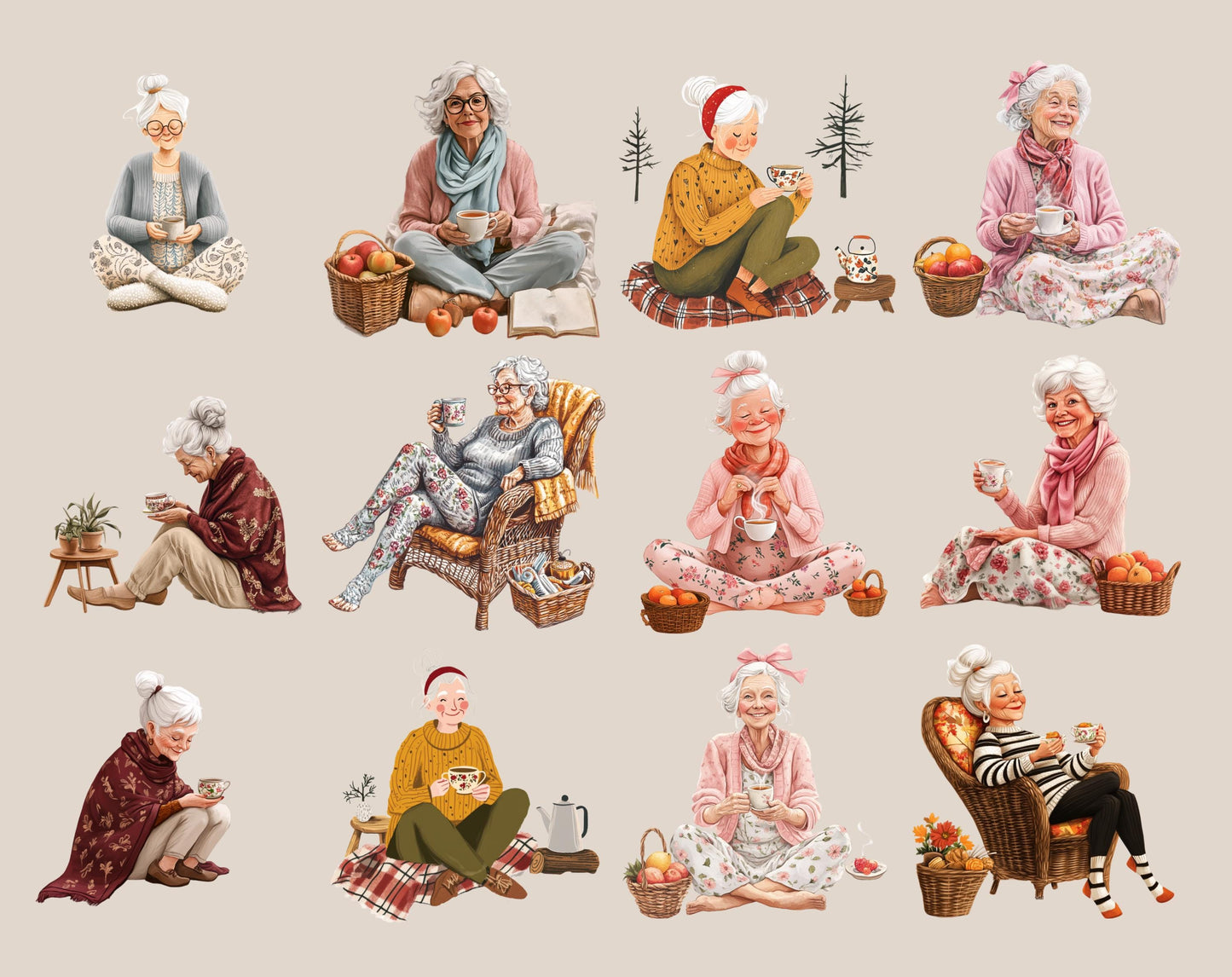 Watercolor Senior Lady Clipart, Cozy Tea Coffee PNG Bundle