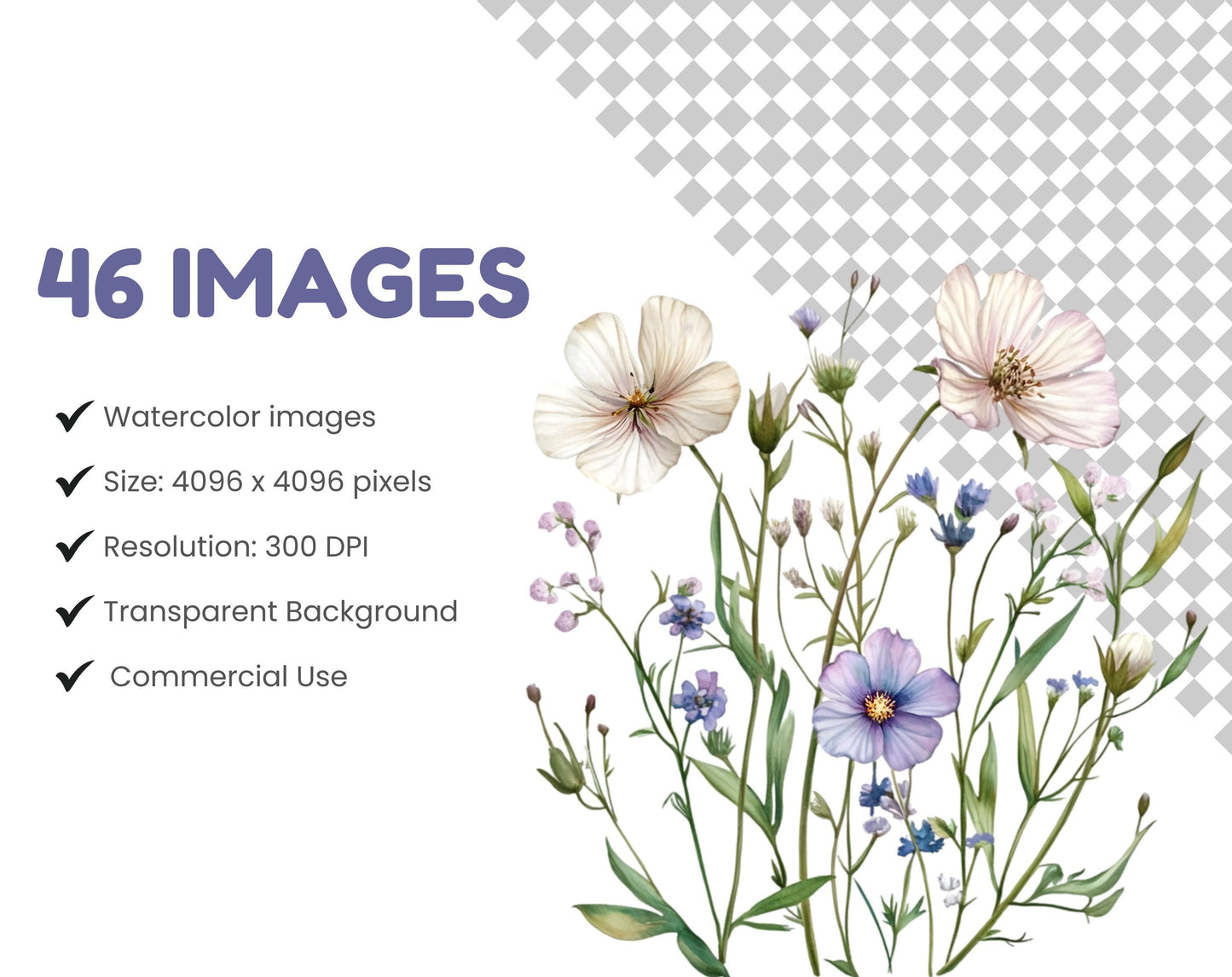 Watercolor Wildflower Clipart Set, Floral Frames, Monogram (PNG Digital Download)
