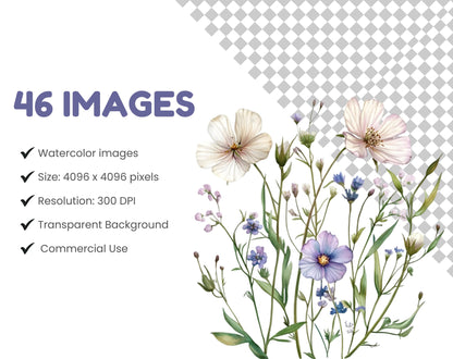 Watercolor Wildflower Clipart Set, Floral Frames, Monogram (PNG Digital Download)