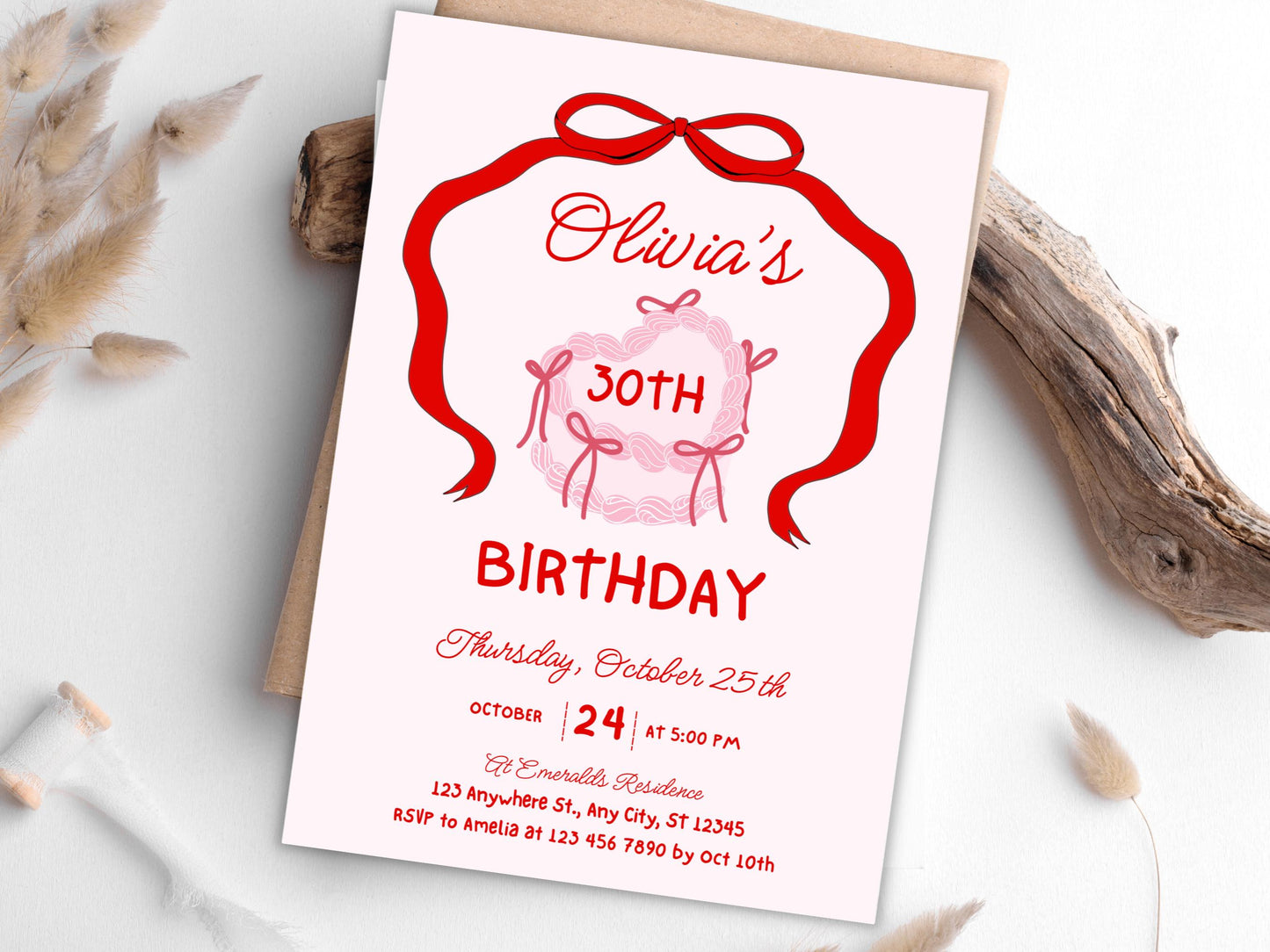 Retro Cake 30th Birthday Invitation Template, Pink Bow Coquette Invite (Editable, PDF)