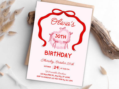 Retro Cake 30th Birthday Invitation Template, Pink Bow Coquette Invite (Editable, PDF)