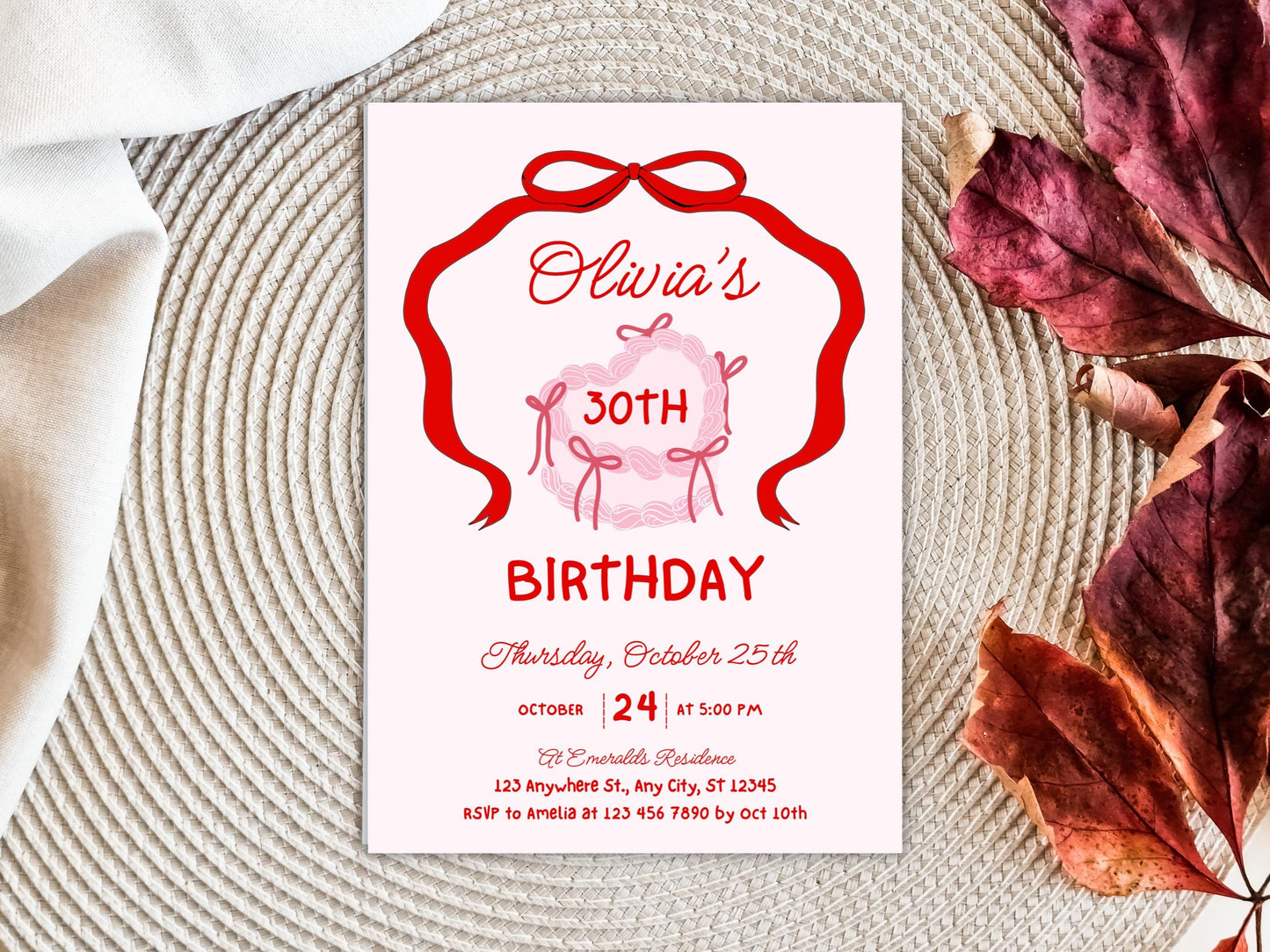 Retro Cake 30th Birthday Invitation Template, Pink Bow Coquette Invite (Editable, PDF)
