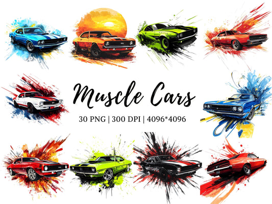 Watercolor Muscle Car Clipart, Automotive Clipart png, Classic Muscle Car Clipart, Vintage American Car png, Race Cars png, Digital Download
