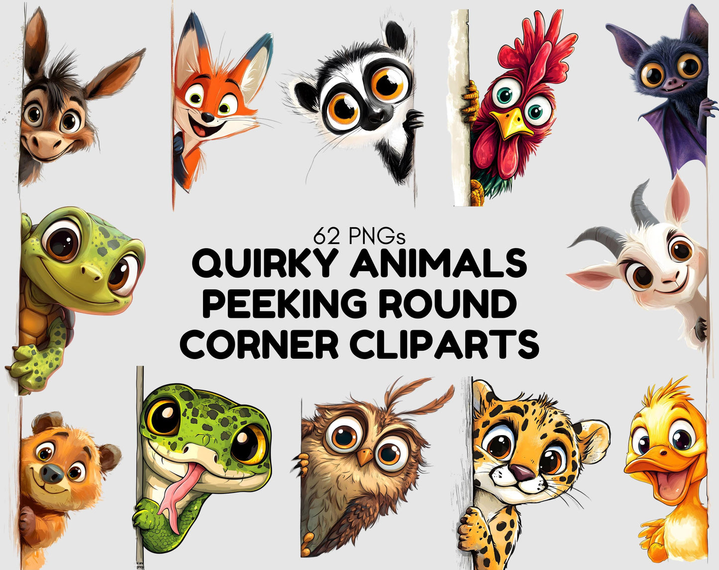 62 Whimsical Animal Peeking Around Corner Clipart, Humorous Animal Clipart, Quirky Animal Clipart png Bundle, Silly Animal png Bundle