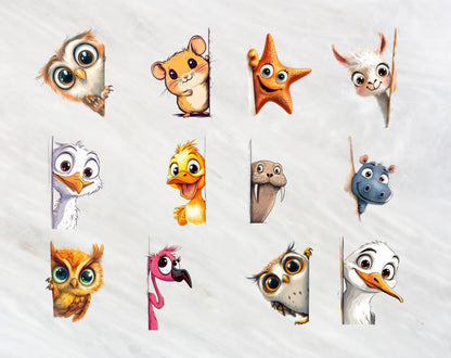 62 Whimsical Animal Peeking Around Corner Clipart, Humorous Animal Clipart, Quirky Animal Clipart png Bundle, Silly Animal png Bundle