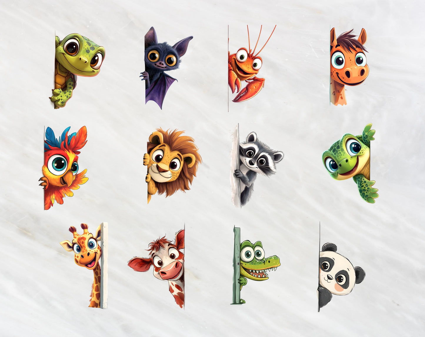 62 Whimsical Animal Peeking Around Corner Clipart, Humorous Animal Clipart, Quirky Animal Clipart png Bundle, Silly Animal png Bundle