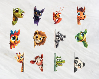 62 Whimsical Animal Peeking Around Corner Clipart, Humorous Animal Clipart, Quirky Animal Clipart png Bundle, Silly Animal png Bundle