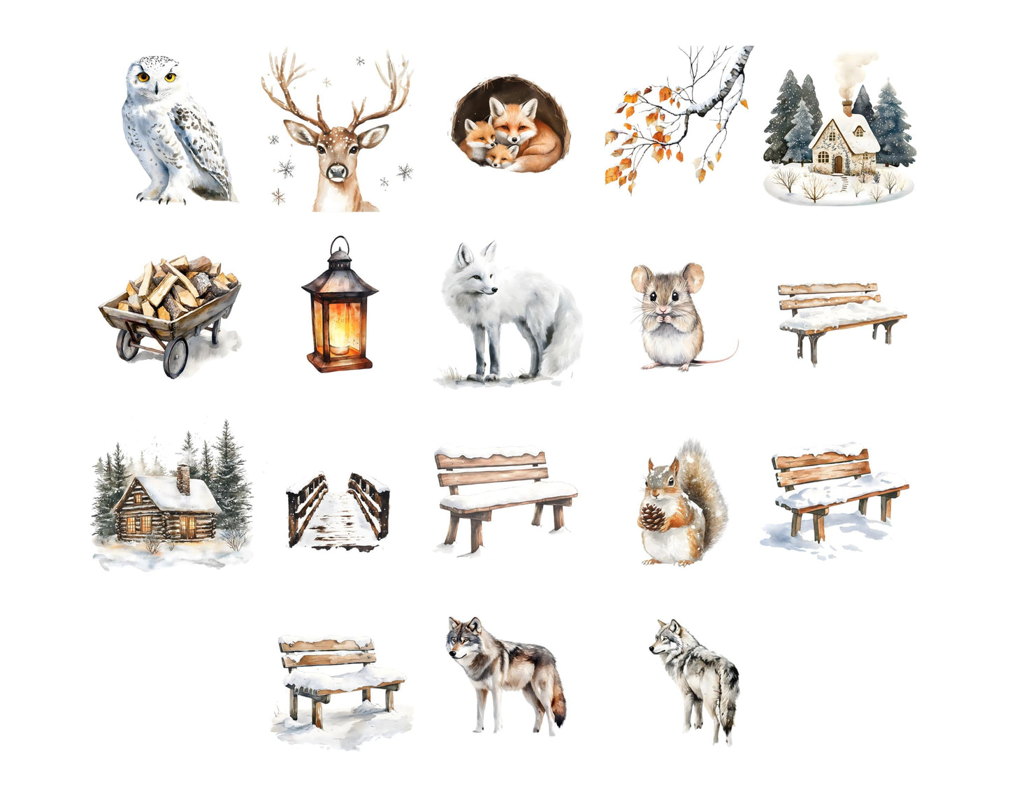 Winter Woodland Clipart Bundle, Watercolor Winter Woodland Clipart, Winter Animals Clipart, Cute Animal png, Forest Animal Clipart png