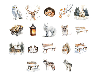Winter Woodland Clipart Bundle, Watercolor Winter Woodland Clipart, Winter Animals Clipart, Cute Animal png, Forest Animal Clipart png
