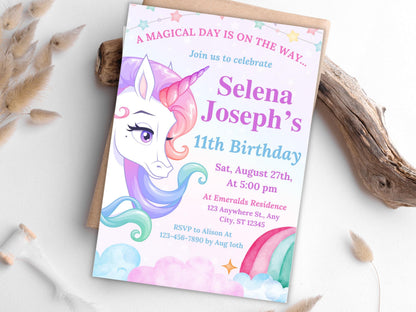 Unicorn Birthday Invitation Template: Pastel Rainbow Party (Digital Download)