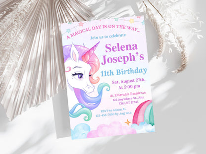Unicorn Birthday Invitation Template: Pastel Rainbow Party (Digital Download)