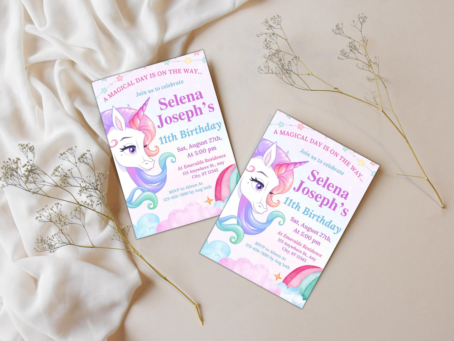 Unicorn Birthday Invitation Template: Pastel Rainbow Party (Digital Download)