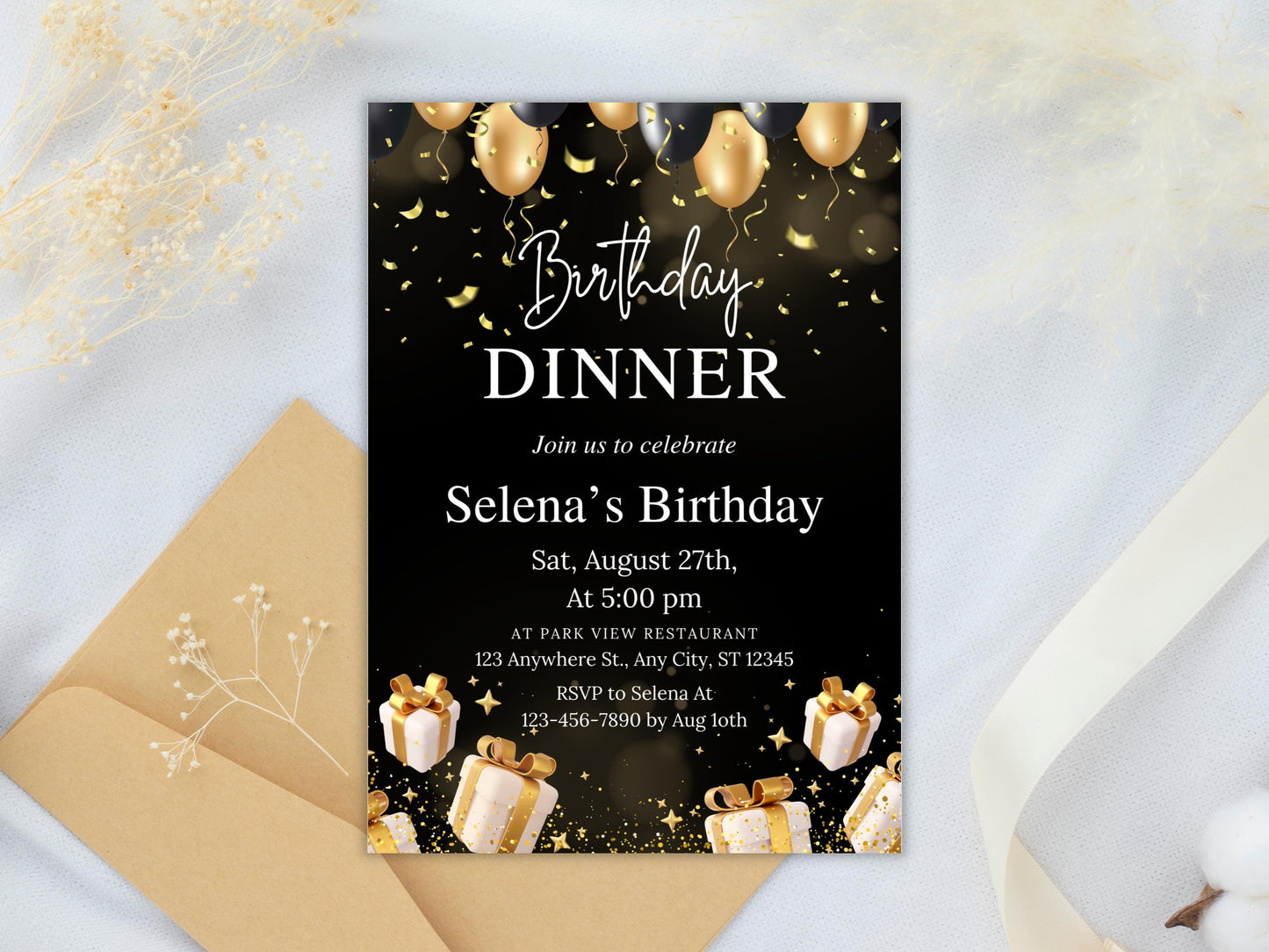 Editable Black Tie Birthday Dinner Invitation (Digital Download)
