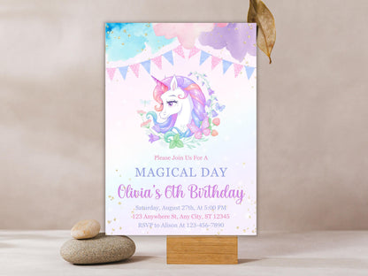 Magical Unicorn Birthday Invitation: Pastel Rainbow Party (Canva Template)
