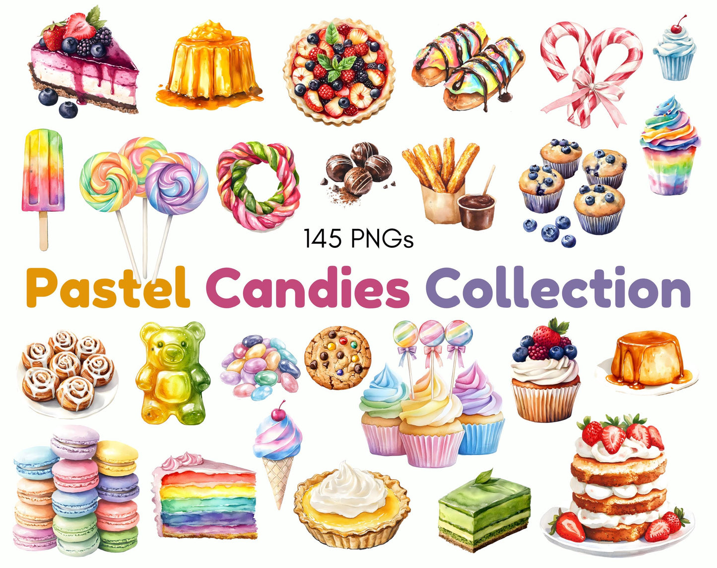 Watercolor Pastel Candy Clipart Bundle (Digital Download)