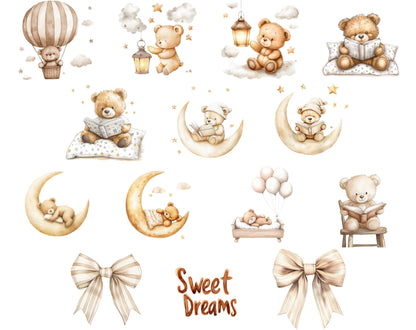 Watercolor Baby Shower Clipart, Neutral Boho Bear Theme (PNG Digital Download)