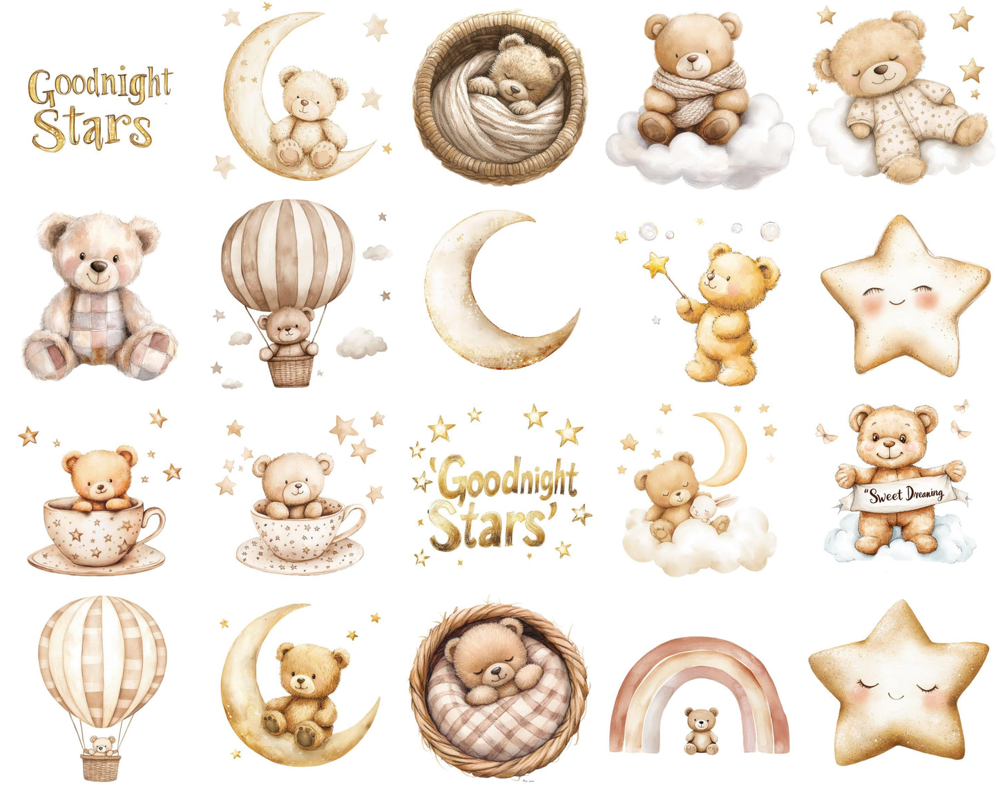 Watercolor Baby Shower Clipart, Neutral Boho Bear Theme (PNG Digital Download)