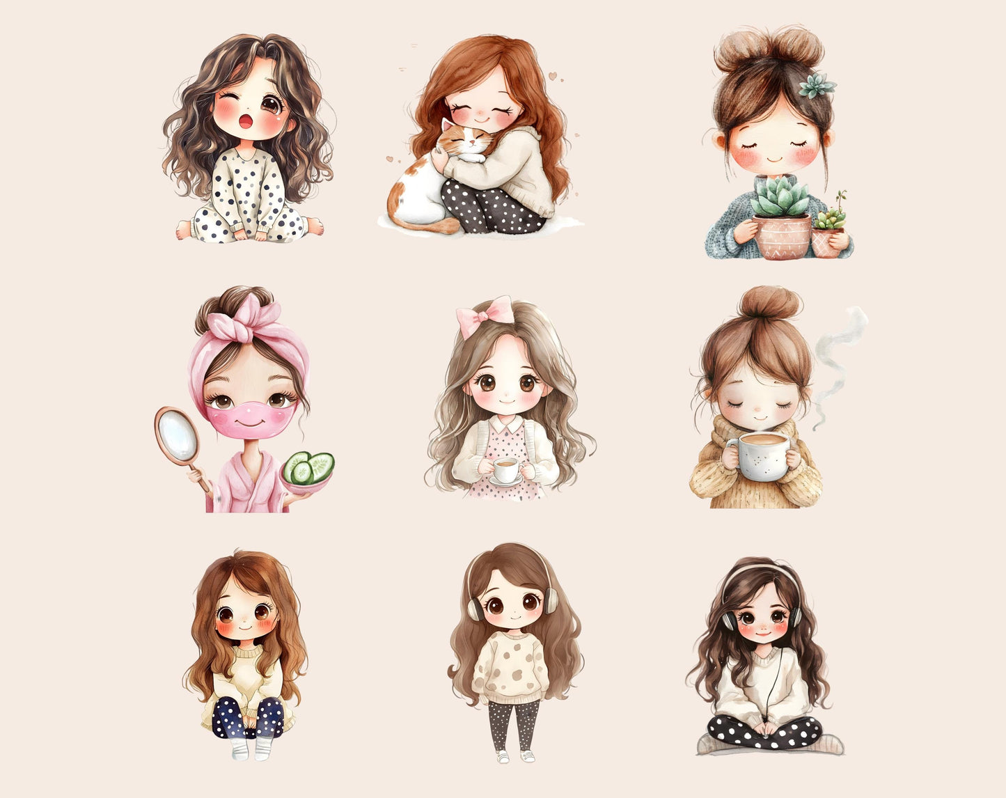 Watercolor Cozy Self Care Clipart, Planner Graphics (Digital Download)