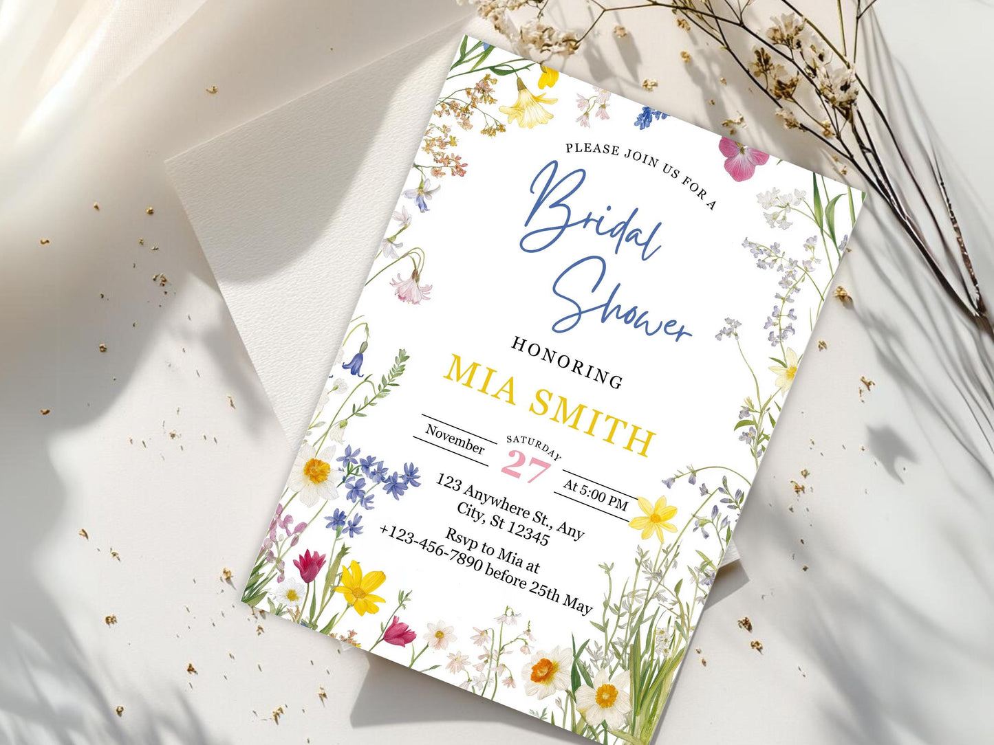 Wildflower Bridal Shower Invitation Template: Editable Floral Design (PDF)