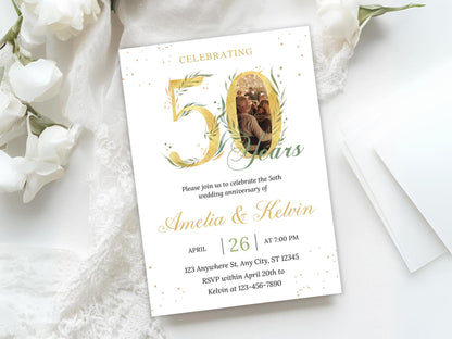 50th Anniversary Invitation: Elegant Eucalyptus Photo, Editable Template (PDF)