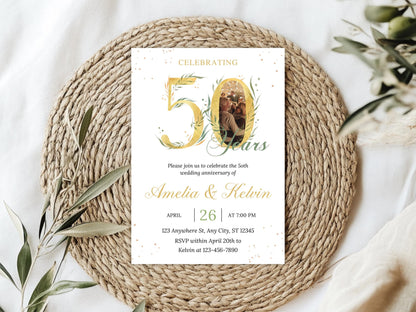 50th Anniversary Invitation: Elegant Eucalyptus Photo, Editable Template (PDF)
