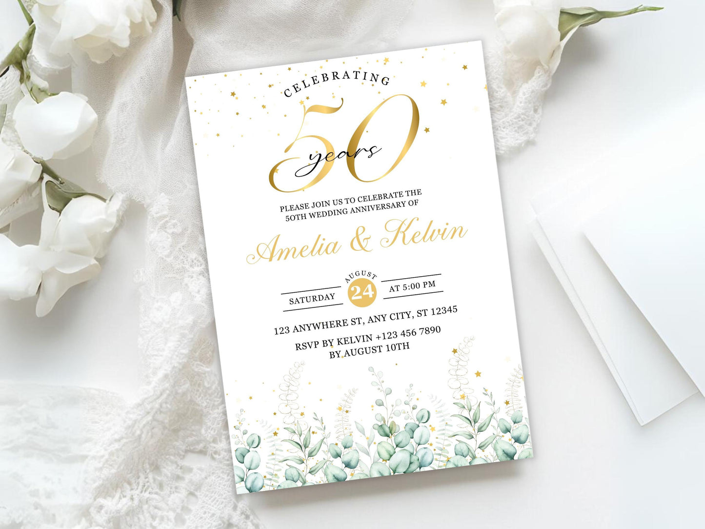 50th Anniversary Invitation: Elegant Eucalyptus Photo Template (Digital Download)