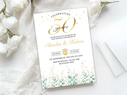50th Anniversary Invitation: Elegant Eucalyptus Photo Template (Digital Download)