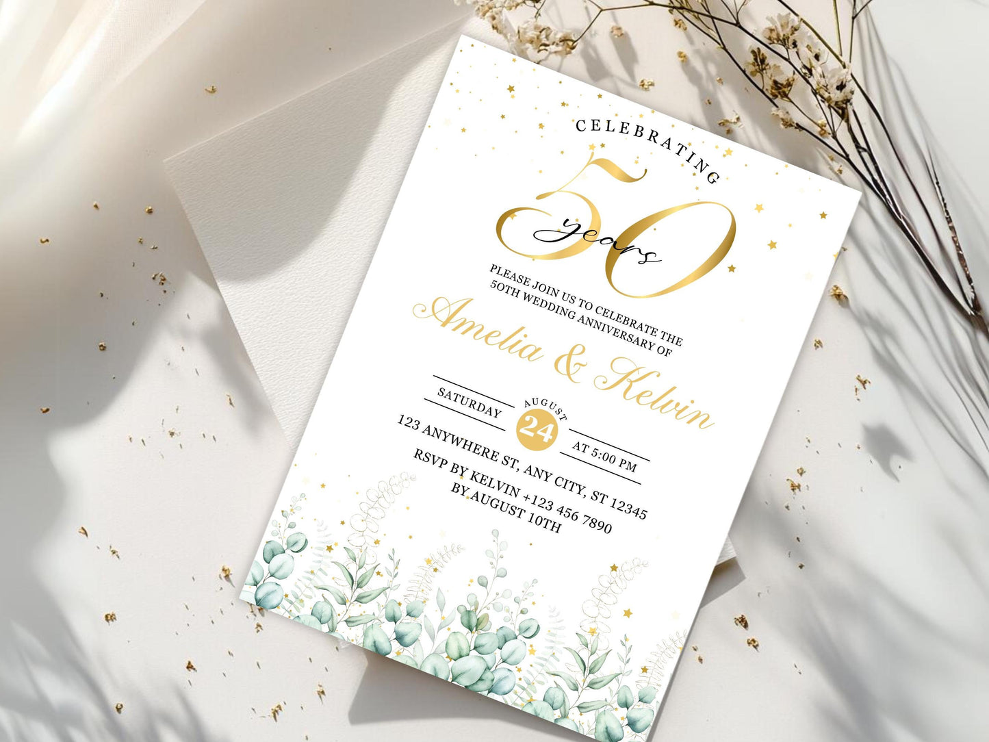 50th Anniversary Invitation: Elegant Eucalyptus Photo Template (Digital Download)
