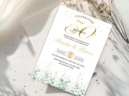 50th Anniversary Invitation: Elegant Eucalyptus Photo Template (Digital Download)
