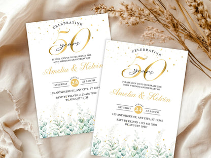 50th Anniversary Invitation: Elegant Eucalyptus Photo Template (Digital Download)