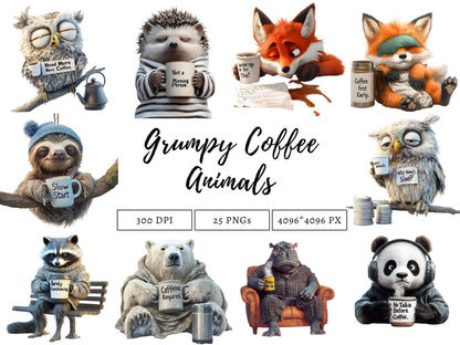25 Grumpy Coffee Animal Clipart Bundle, Grumpy Coffee Animal png, Quirky Animal Clipart, Grumpy Animal Clipart png, Cute Animal Clipart