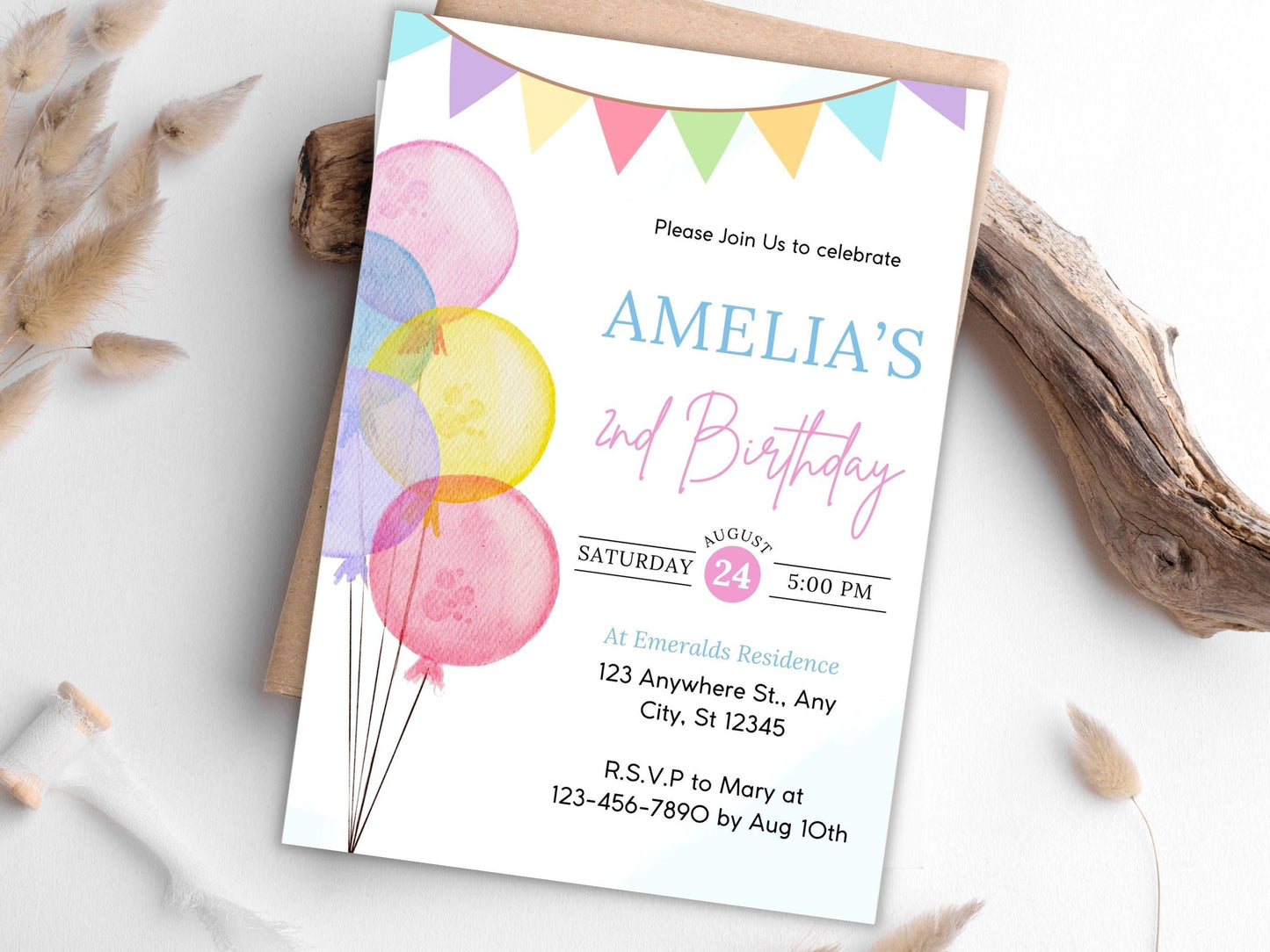 Balloon Birthday Invitation Template, Kids Party Invite (Editable, PDF)