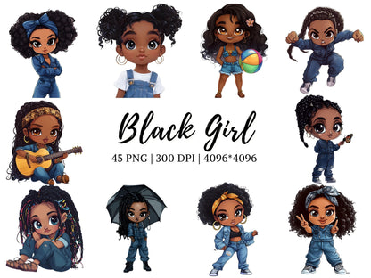 Schwarzes Mädchen Clipart, Aquarell-Clipart-Bundle mit schwarzem Mädchen, Schwarzes Mädchen PNG, Hochauflösende PNG-Dateien mit schwarzem Mädchen, Mädchen PNG, Digitaler Download