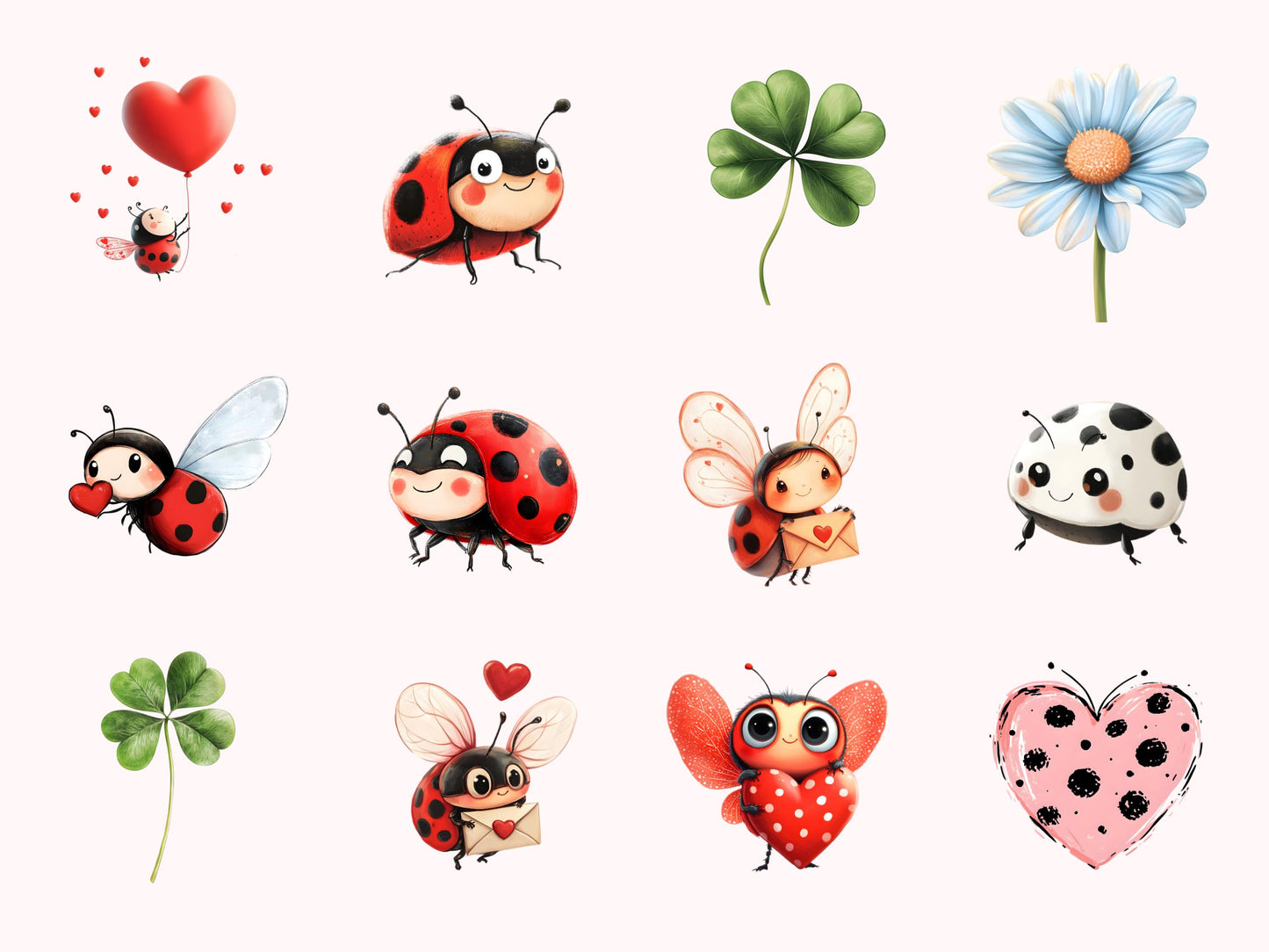 Ensemble de cliparts aquarelle de coccinelles mignonnes (PNG), clipart coccinelles (PNG), clipart coccinelles kawaii pour les amoureux des coccinelles, clipart Saint-Valentin (PNG), téléchargement numérique