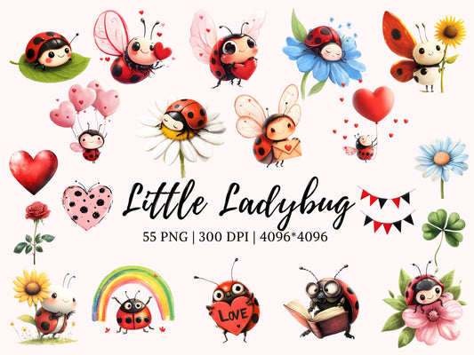 Watercolor Cute Ladybug Clipart Bundle png, Ladybug Clipart png, Kawaii Ladybug Lovers CLipart, Valentines Day png, Digital Download