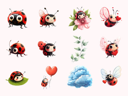 Ensemble de cliparts aquarelle de coccinelles mignonnes (PNG), clipart coccinelles (PNG), clipart coccinelles kawaii pour les amoureux des coccinelles, clipart Saint-Valentin (PNG), téléchargement numérique