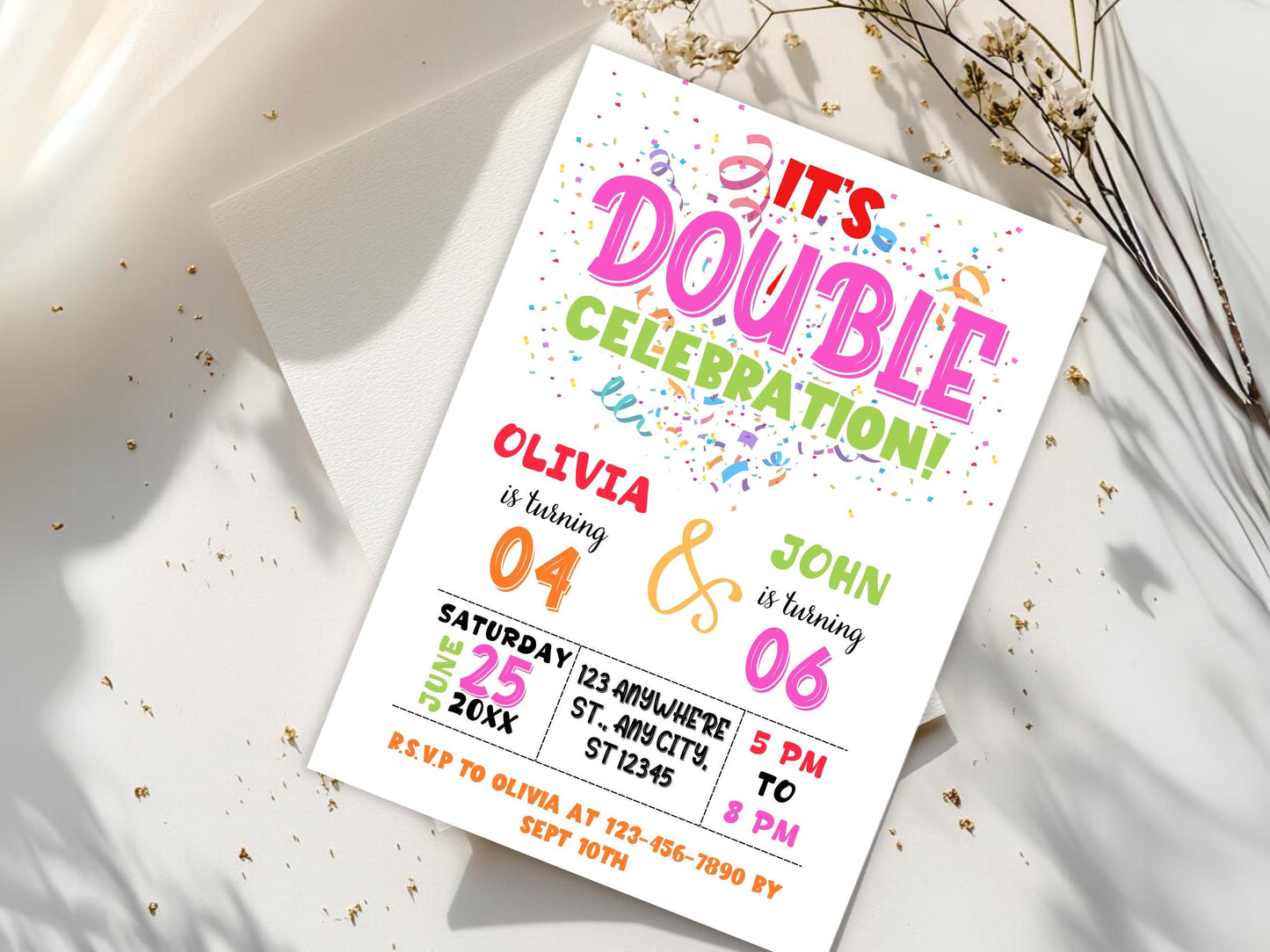 Gemeinsame Geburtstagseinladung zum Bearbeiten: Geschwister oder Zwillinge (PDF)