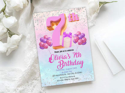 Glitter Rainbow 7th Birthday Invitation Template (Digital Download)