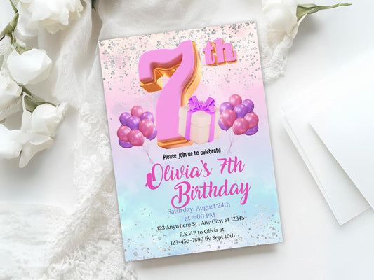 Glitter Rainbow 7th Birthday Invitation Template (Digital Download)