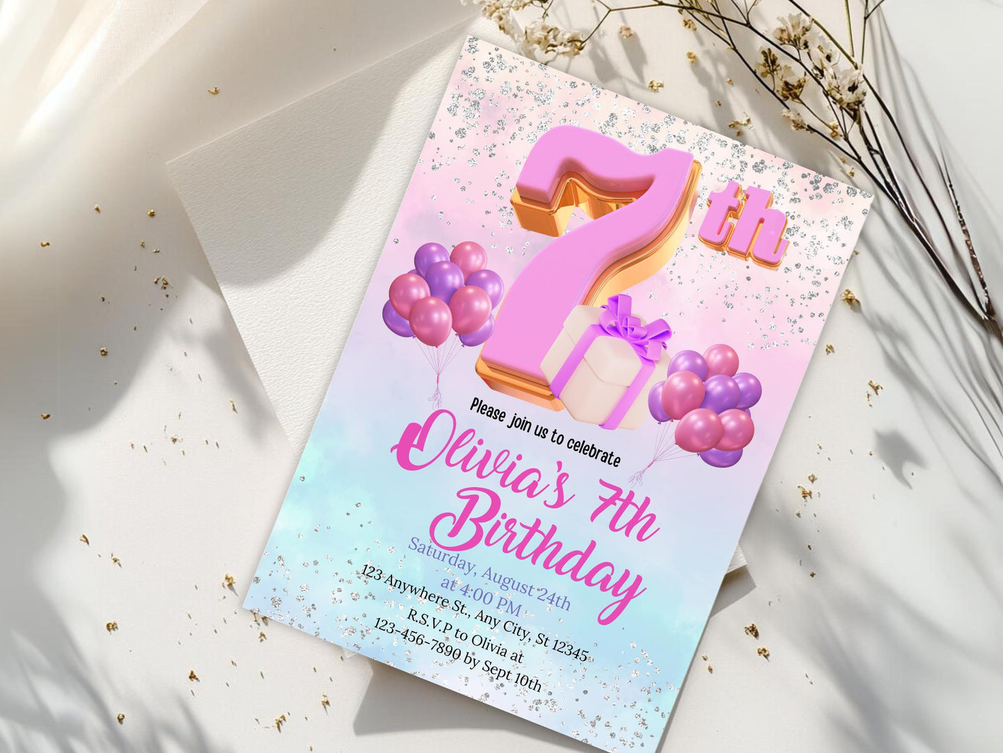 Glitter Rainbow 7th Birthday Invitation Template (Digital Download)