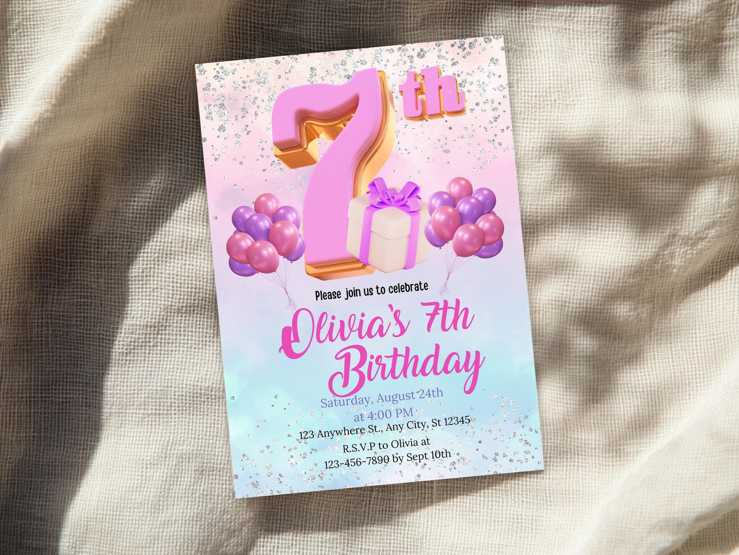 Glitter Rainbow 7th Birthday Invitation Template (Digital Download)