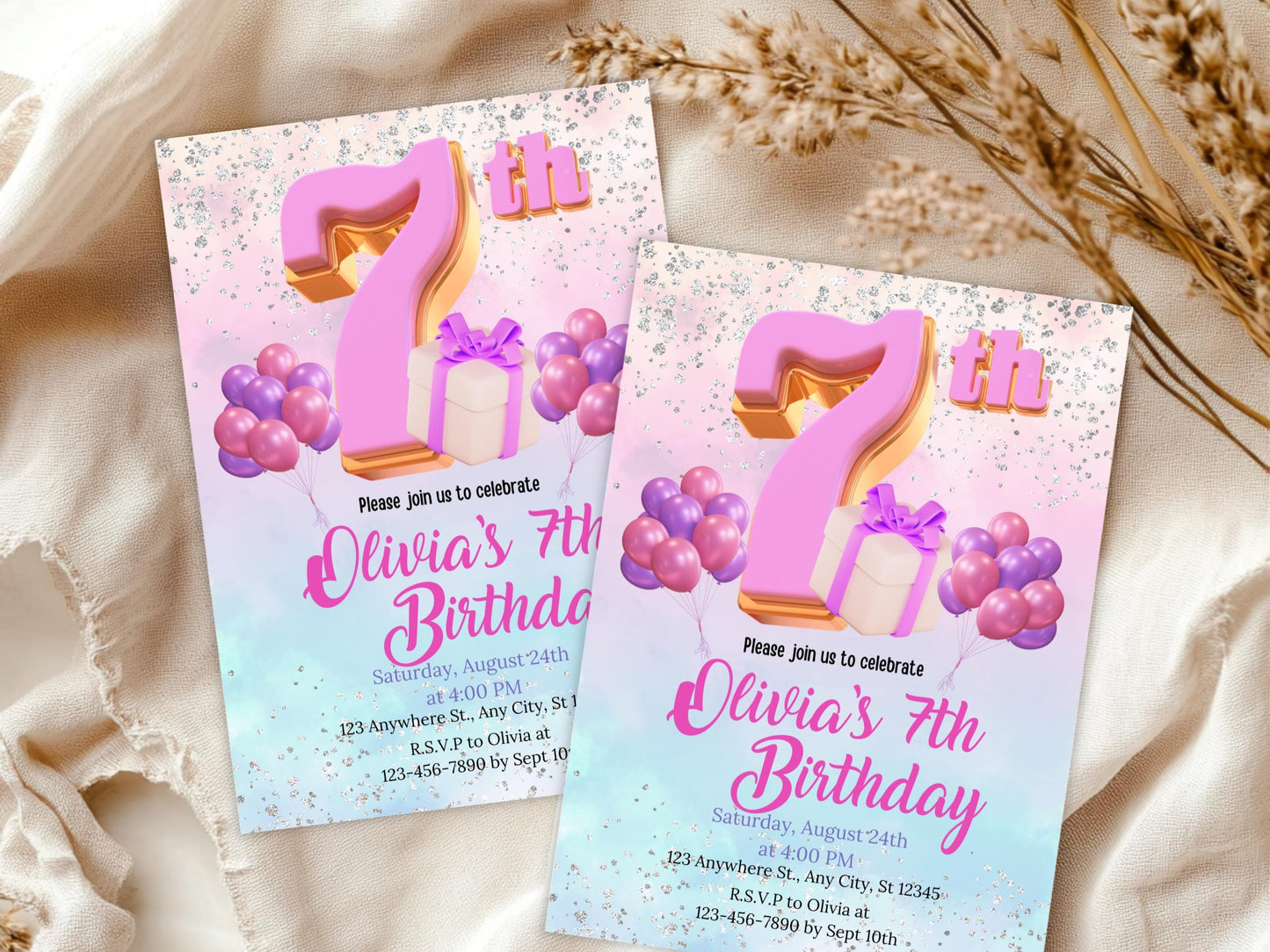 Glitter Rainbow 7th Birthday Invitation Template (Digital Download)